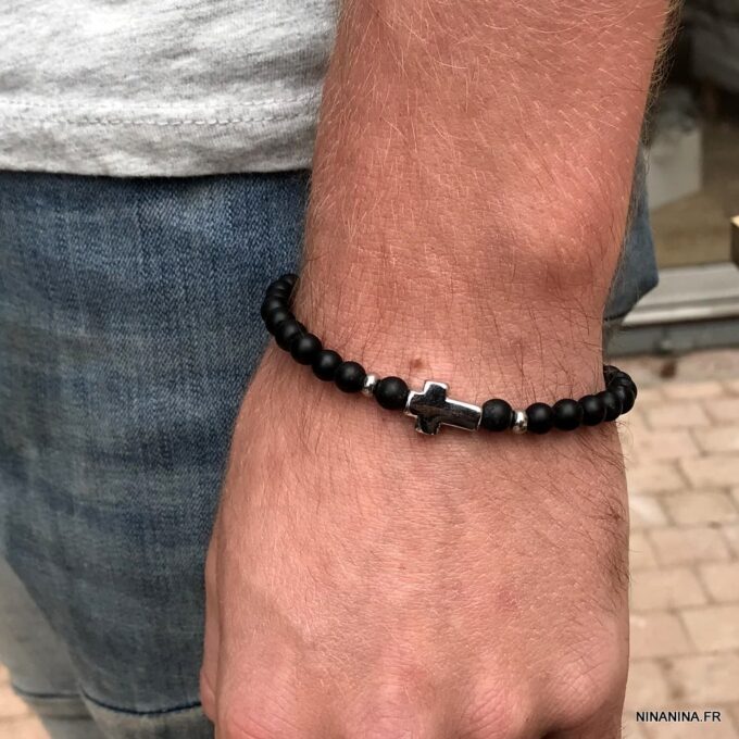 N7499b Bracelet perle tete de mort homme Acier Onyx noir - Bijoux Bracelets en ligne Ninanina
