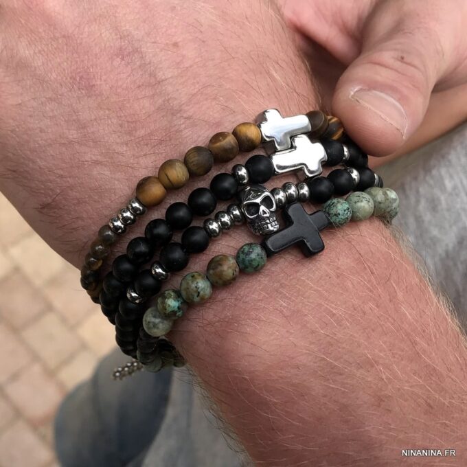 N7499d Bracelet perle tete de mort homme Acier Onyx noir - Bijoux Bracelets en ligne Ninanina
