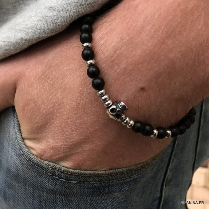 N7499e Bracelet perle tete de mort homme Acier Onyx noir - Bijoux Bracelets en ligne Ninanina