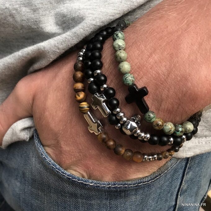 N7499f Bracelet perle tete de mort homme Acier Onyx noir - Bijoux Bracelets en ligne Ninanina