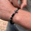 N7499g Bracelet perle tete de mort homme Acier Onyx noir - Bijoux Bracelets en ligne Ninanina