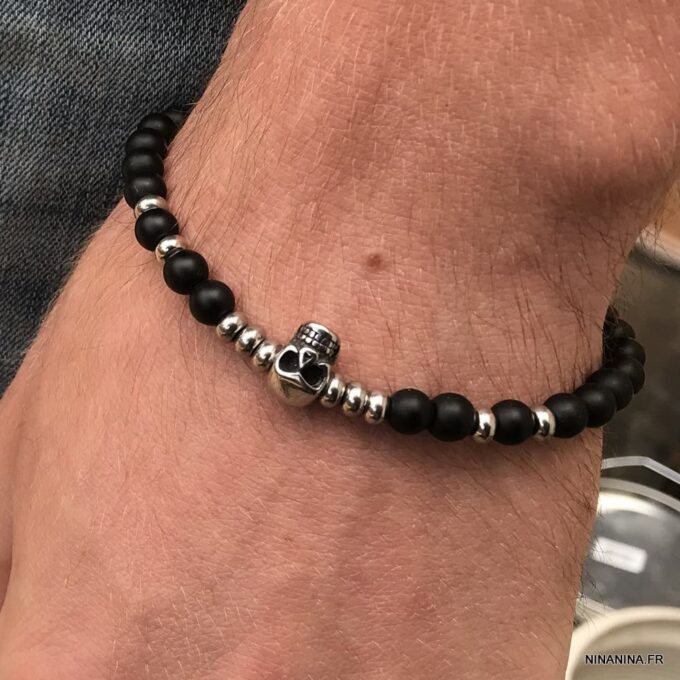N7499i Bracelet perle tete de mort homme Acier Onyx noir - Bijoux Bracelets en ligne Ninanina