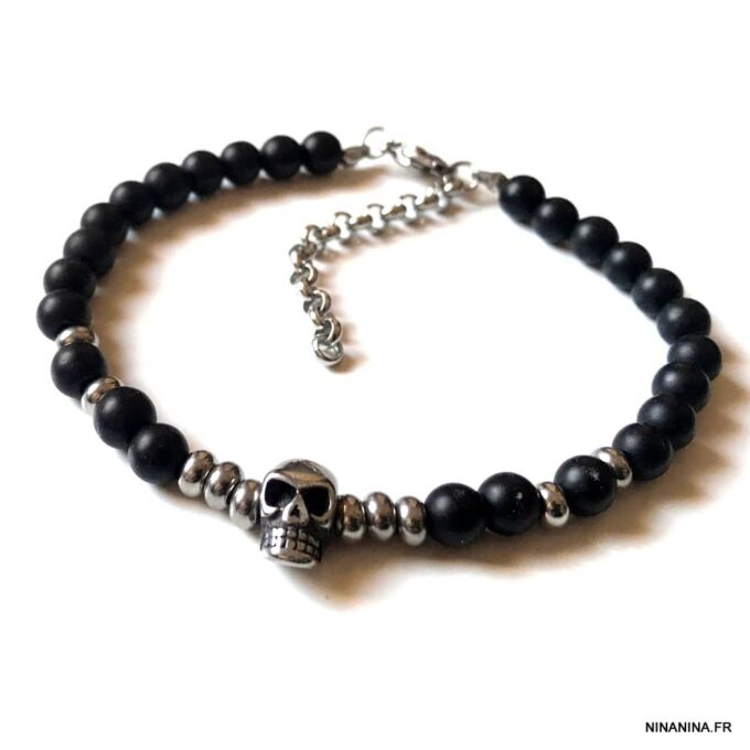 N7499l Bracelet perle tete de mort homme Acier Onyx noir - Bijoux Bracelets en ligne Ninanina