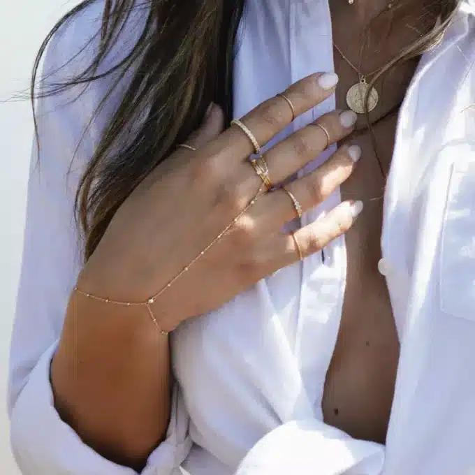 N7515b Bague bracelet chaine satellite plaqué or minimaliste - Bijoux de main en ligne Ninanina