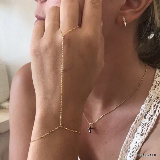 N7515i Bague bracelet chaine satellite plaqué or minimaliste - Bijoux de main en ligne Ninanina