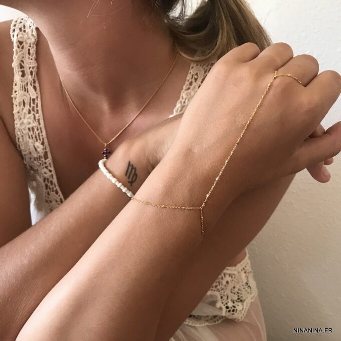 N7515m Bague bracelet chaine satellite plaqué or minimaliste - Bijoux de main en ligne Ninanina