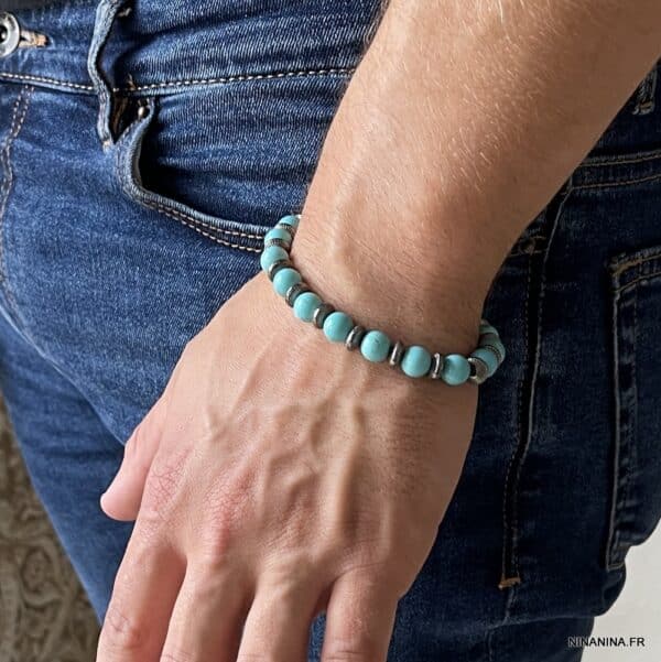 Bracelet Perles En Turquoise Naturelle - Fait Main - Sur Mesure - Homme/Femme
