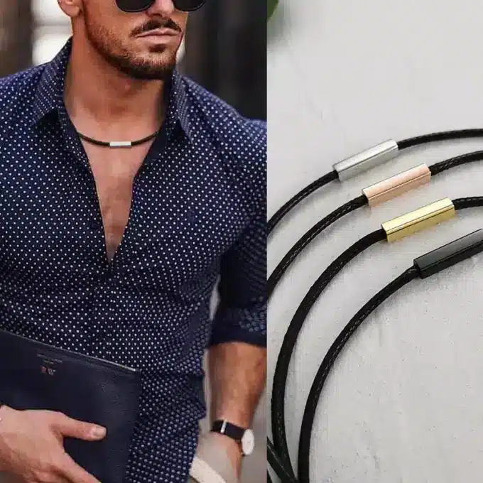 N7578b Collier en cuir homme tressé Acier inoxydable doré - Bijoux Colliers en ligne Ninanina