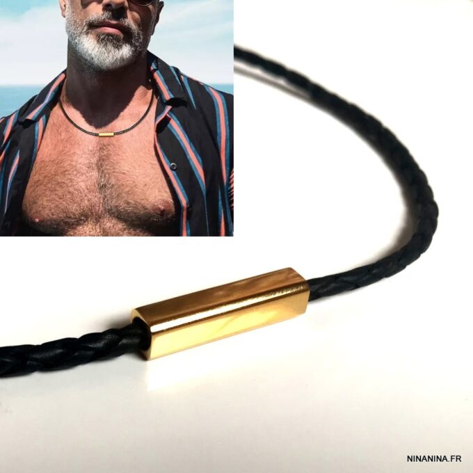 N7578c Collier en cuir homme tressé Acier inoxydable doré - Bijoux Colliers en ligne Ninanina