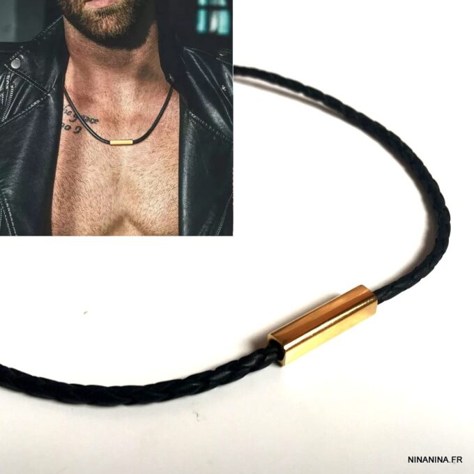 N7578d Collier en cuir homme tressé Acier inoxydable doré - Bijoux Colliers en ligne Ninanina