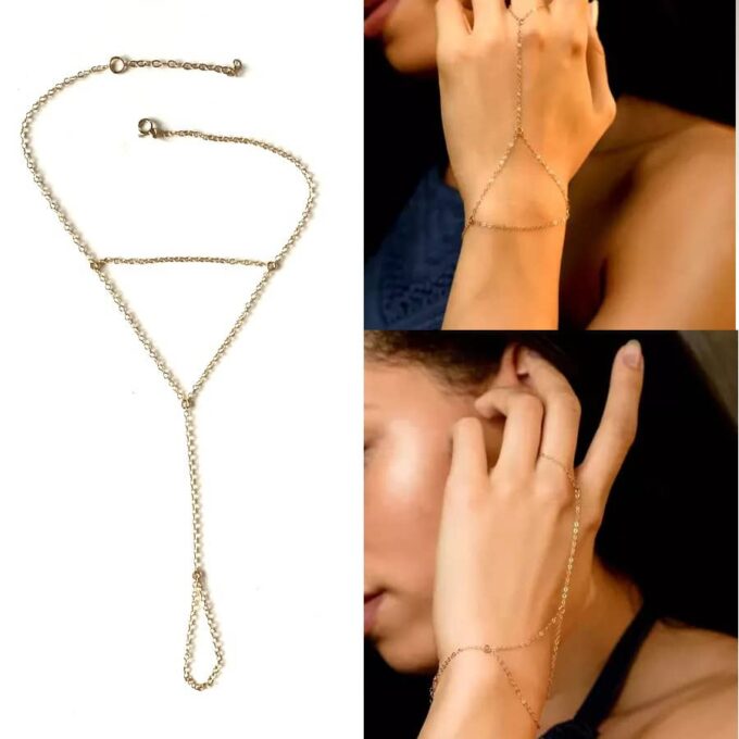 N7582f Bracelet poignet doigt chaine plaqué or 14 carats - Bijoux de main en ligne Ninanina