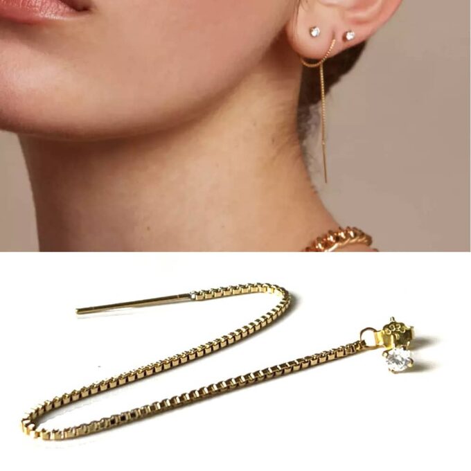 N7500yy Boucle d'oreille chaine traversante plaqué or cz - Bijoux Boucles d'oreilles en ligne Ninanina - Copie