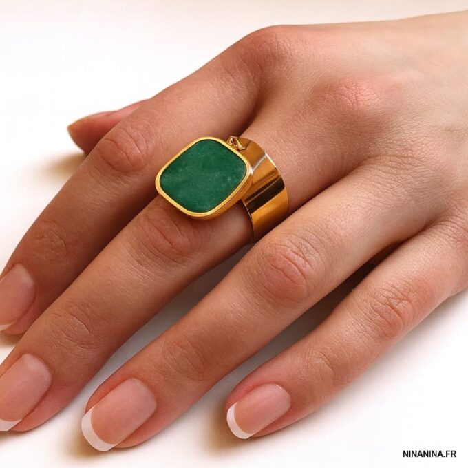N7529 Bague réglable pendentif carré amazonite bleu et acier inoxydable doré - Bijoux Bagues boheme en ligne Ninanina