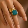 N7529c Bague réglable pendentif carré amazonite bleu et acier inoxydable doré - Bijoux Bagues boheme en ligne Ninanina