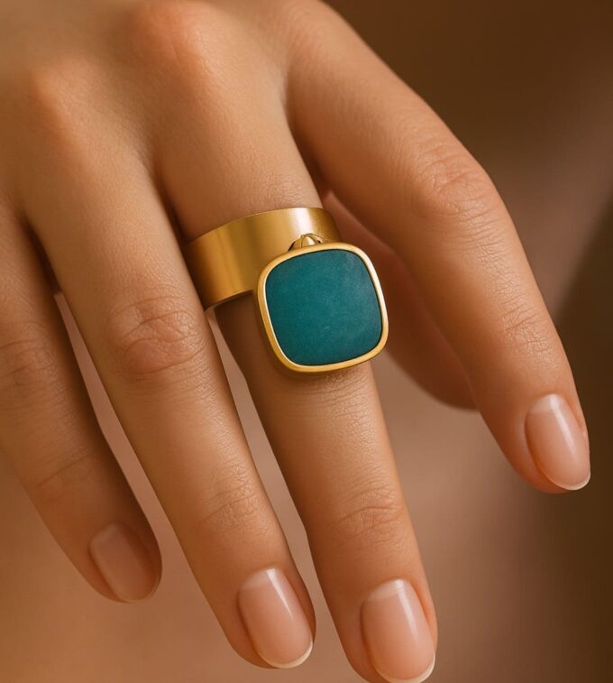 N7529c Bague réglable pendentif carré amazonite bleu et acier inoxydable doré - Bijoux Bagues boheme en ligne Ninanina