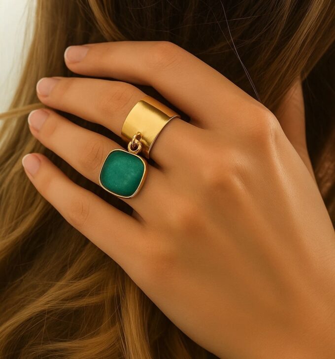 N7529e Bague réglable pendentif carré amazonite bleu et acier inoxydable doré - Bijoux Bagues boheme en ligne Ninanina