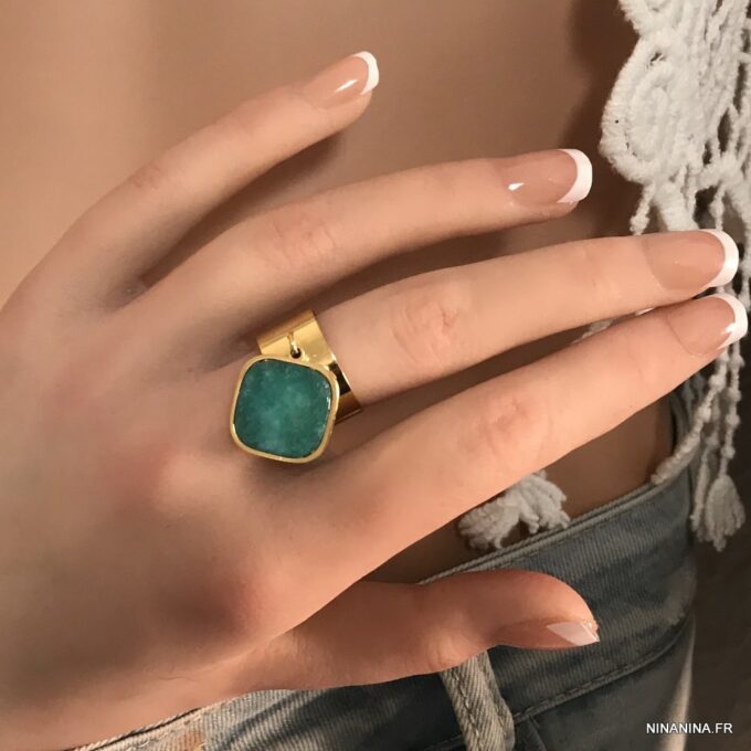 N7529h Bague pendentif acier inoxydable amazonite bleu - Bijoux Bagues en ligne Ninanina