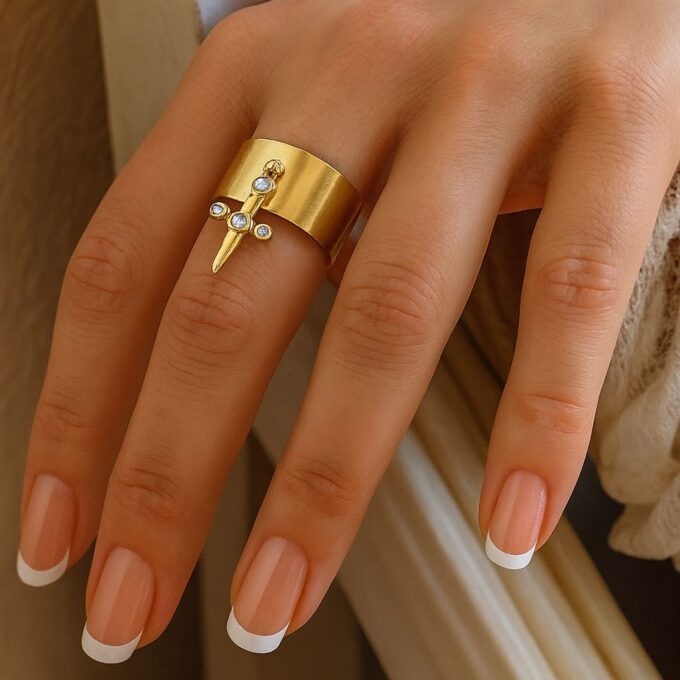 N7530 Bague épée femme artisanale réglable - breloque acier doré et zirconium - Bijoux Bagues breloque en ligne Ninanina