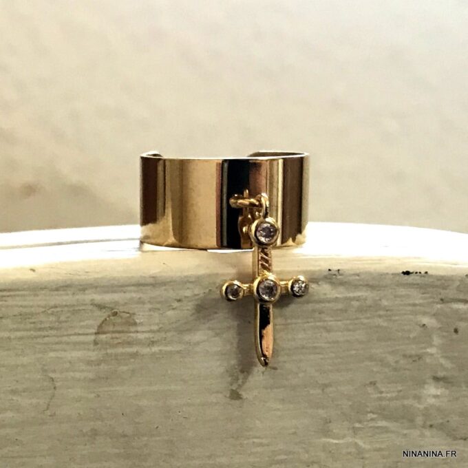 N7530b Bague épée femme réglable pendentif doré zirconium - Bijoux Bagues en ligne Ninanina