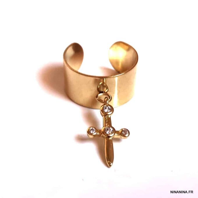 N7530c Bague épée femme réglable pendentif doré zirconium - Bijoux Bagues en ligne Ninanina