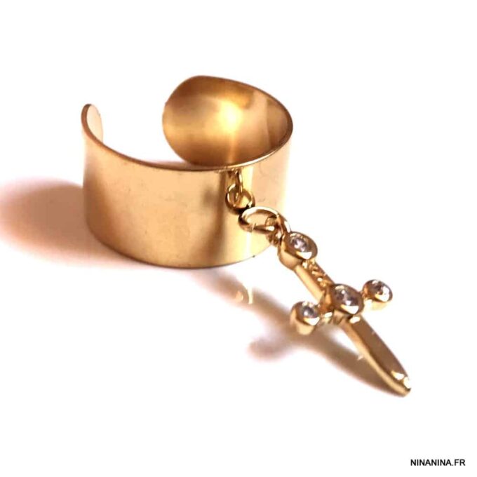 N7530e Bague épée femme réglable pendentif doré zirconium - Bijoux Bagues en ligne Ninanina