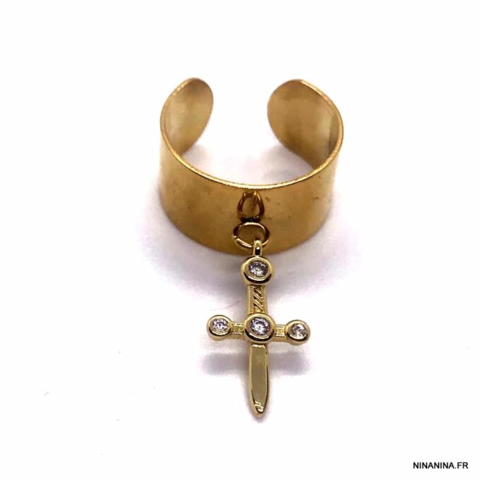 N7530H Bague épée femme réglable pendentif doré zirconium - Bijoux Bagues en ligne Ninanina