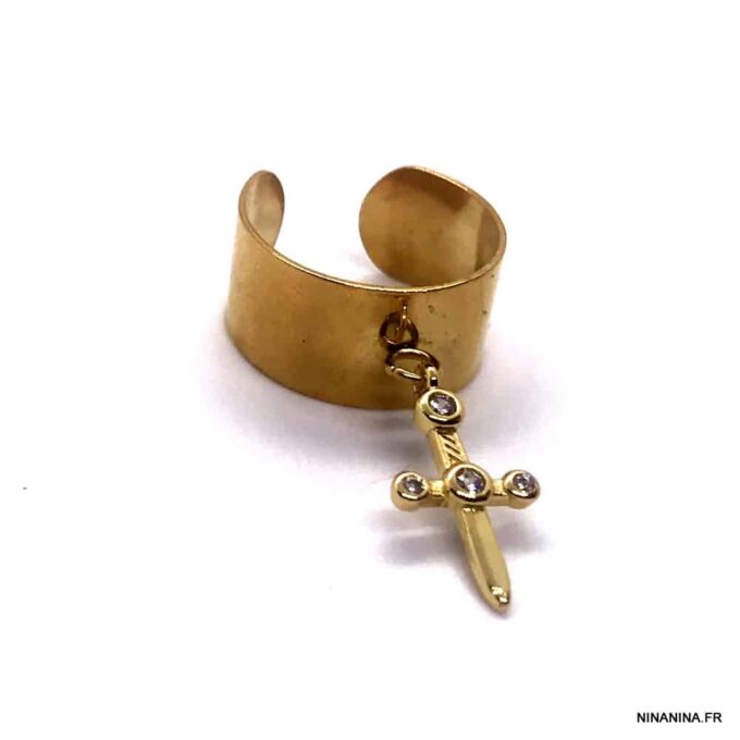 N7530I Bague épée femme réglable pendentif doré zirconium - Bijoux Bagues en ligne Ninanina