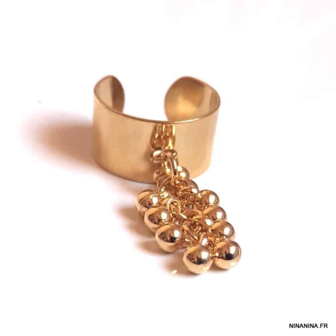 N7531 Bague breloque ronde grappe perles dorées réglable - Bijoux Bagues en ligne Ninanina