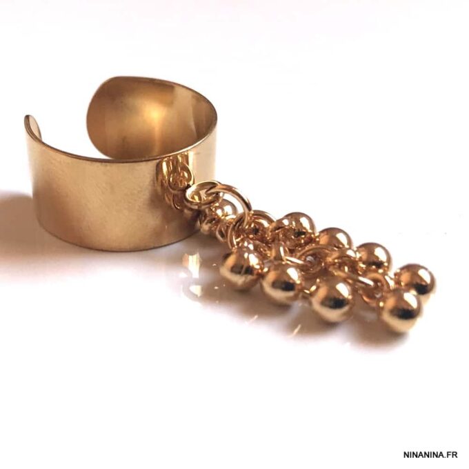N7531f Bague breloque ronde grappe perles dorées réglable - Bijoux Bagues en ligne Ninanina