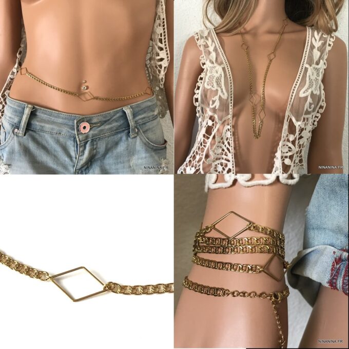 N7537k Chaîne de taille acier inoxydable doré maille large - Bijoux de corps en ligne Ninanina