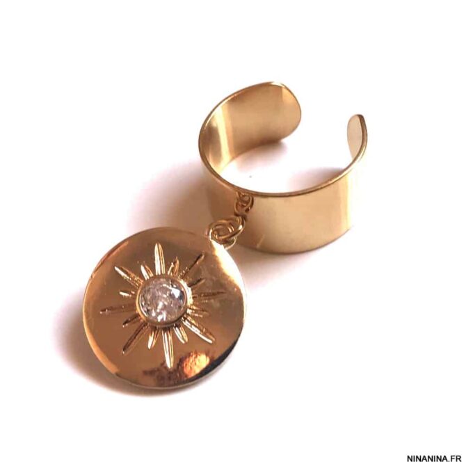 N7551 Bague pendentif acier soleil doré zirconium réglable - Bijoux Bagues en ligne Ninanina