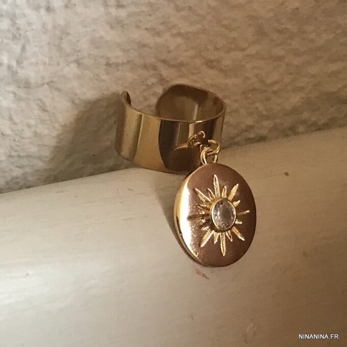 N7551b Bague pendentif acier soleil doré zirconium réglable - Bijoux Bagues en ligne Ninanina
