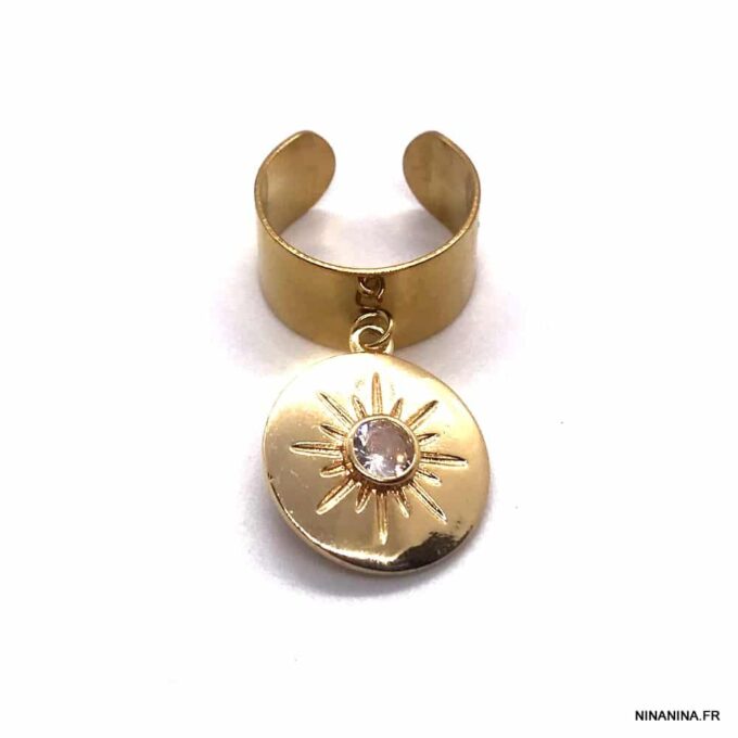 N7551H Bague pendentif acier soleil doré zirconium réglable - Bijoux Bagues en ligne Ninanina