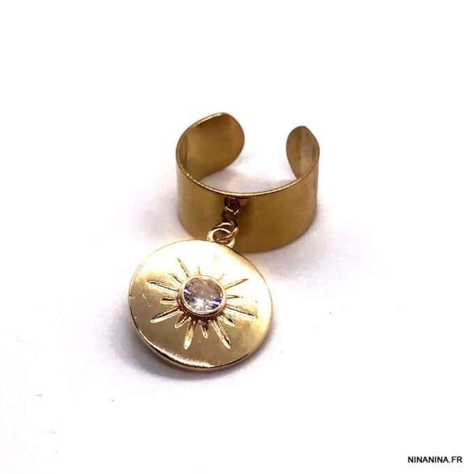 N7551J Bague pendentif acier soleil doré zirconium réglable - Bijoux Bagues en ligne Ninanina