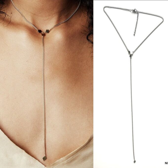 N7556a Collier en Y ras de cou losange acier inoxydable - Bijoux Colliers en ligne Ninanina