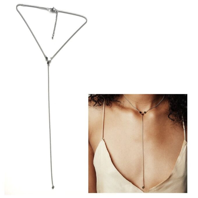 N7556b Collier en Y ras de cou losange acier inoxydable - Bijoux Colliers en ligne Ninanina