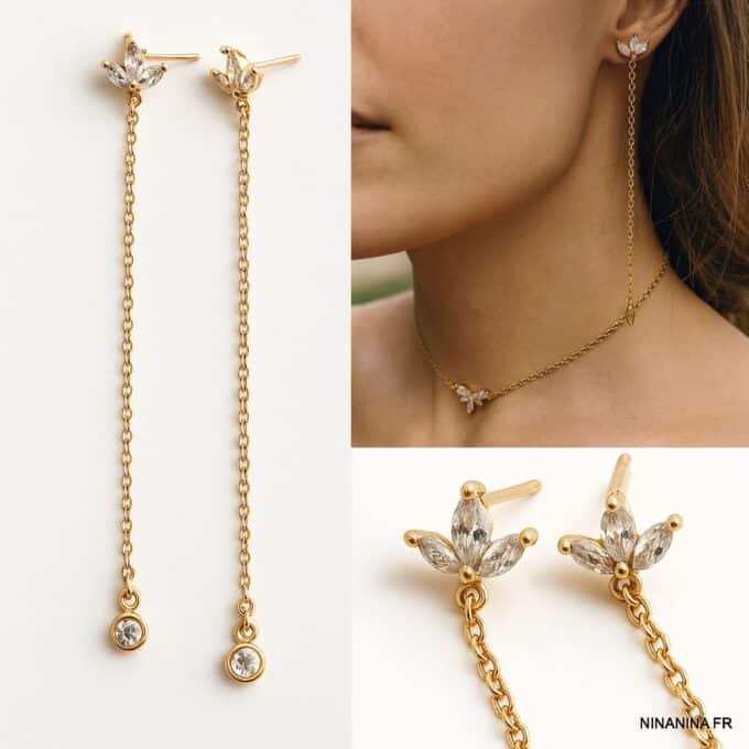 N7563 Boucles d'oreilles pendantes zirconium plaqué or faites à la main en France - Bijoux d'oreille en ligne Ninanina