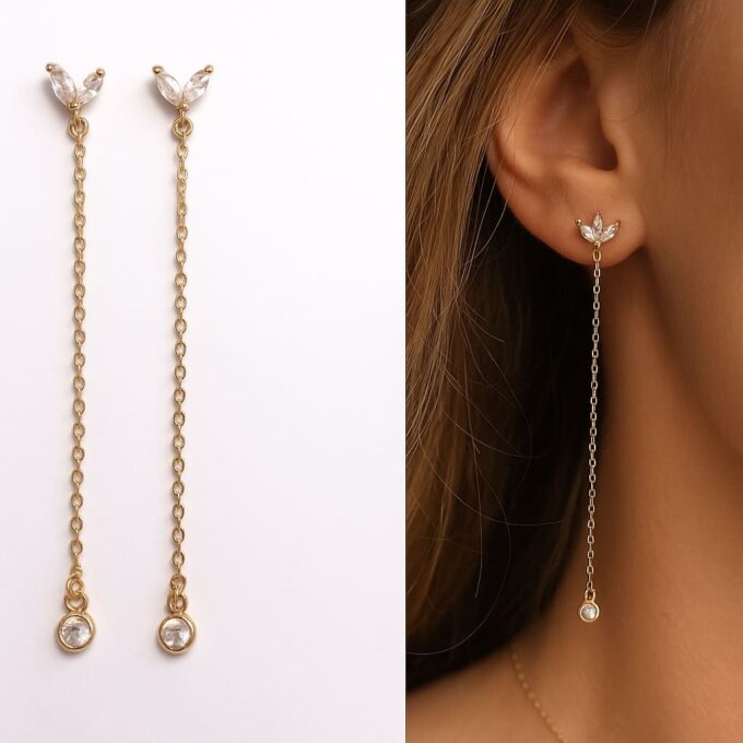 N7563a Boucles d'oreilles pendantes zirconium plaqué or faites à la main en France - Bijoux d'oreille en ligne Ninanina