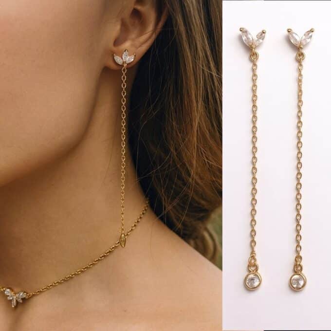 N7563b Boucles d'oreilles pendantes zirconium plaqué or faites à la main en France - Bijoux d'oreille en ligne Ninanina