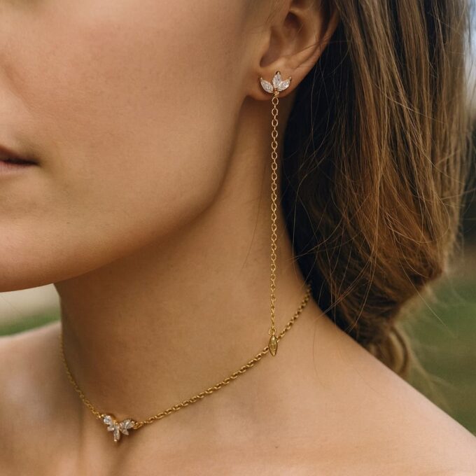 N7563c Boucles d'oreilles pendantes zirconium plaqué or faites à la main en France - Bijoux d'oreille en ligne Ninanina