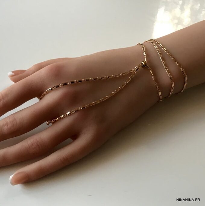 N7580b Bracelet avec bague reliée chaine fantaisie laiton doré - Bijoux Bracelets en ligne Ninanina