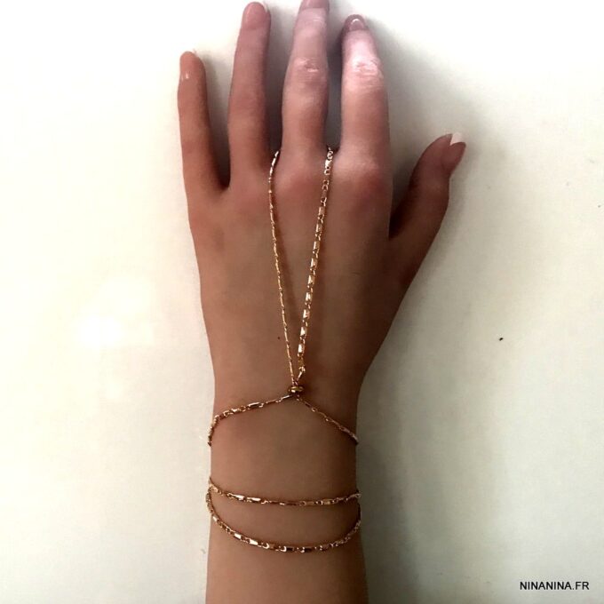 N7580e Bracelet avec bague reliée chaine fantaisie laiton doré - Bijoux Bracelets en ligne Ninanina