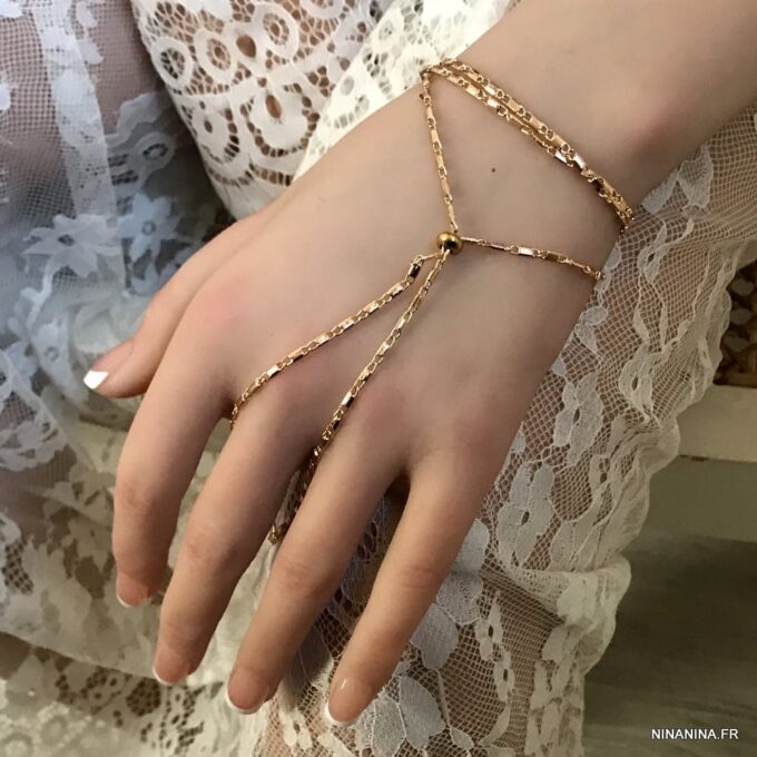 N7580f Bracelet avec bague reliée chaine fantaisie laiton doré - Bijoux Bracelets en ligne Ninanina