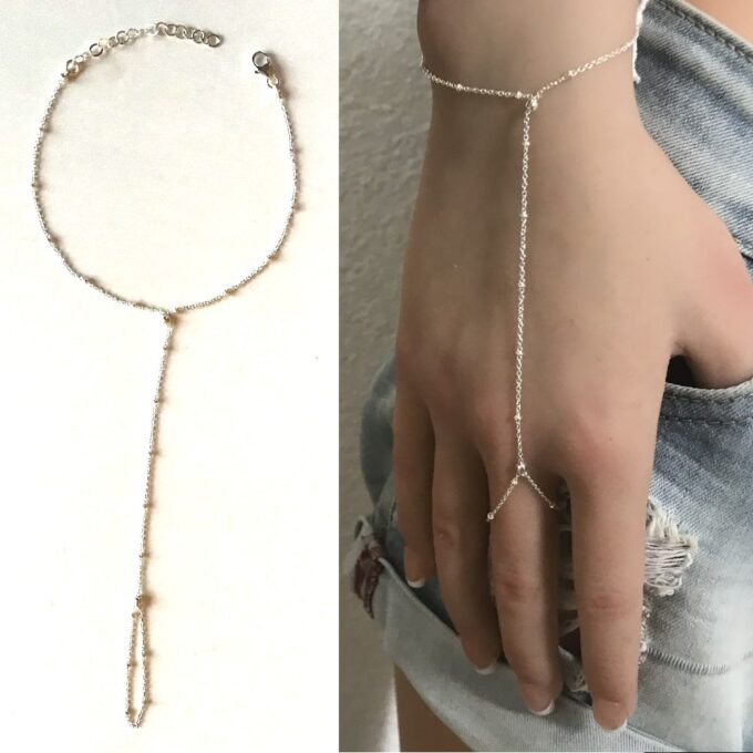 N7539 Chainette Bracelet Bague main doigt Argent minimaliste - Bijoux Bracelets en ligne Ninanina