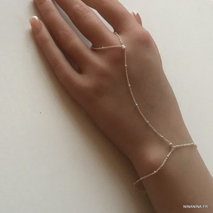 N7539a Chainette Bracelet Bague main doigt Argent minimaliste - Bijoux Bracelets en ligne Ninanina