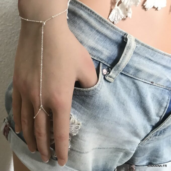 N7539b Chainette Bracelet Bague main doigt Argent minimaliste - Bijoux Bracelets en ligne Ninanina