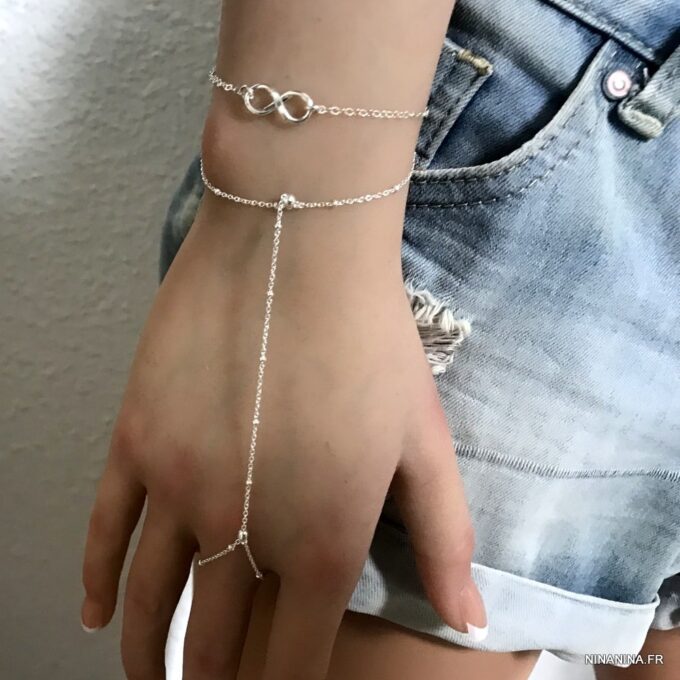 N7539d Chainette Bracelet Bague main doigt Argent minimaliste - Bijoux Bracelets en ligne Ninanina