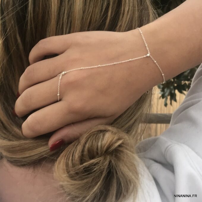 N7539e Chainette Bracelet Bague main doigt Argent minimaliste - Bijoux Bracelets en ligne Ninanina