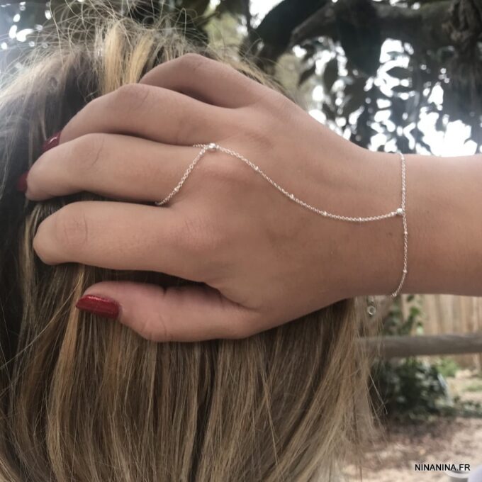 N7539f Chainette Bracelet Bague main doigt Argent minimaliste - Bijoux Bracelets en ligne Ninanina