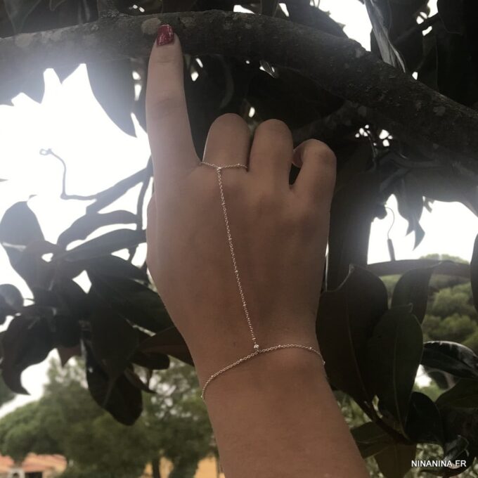 N7539g Chainette Bracelet Bague main doigt Argent minimaliste - Bijoux Bracelets en ligne Ninanina